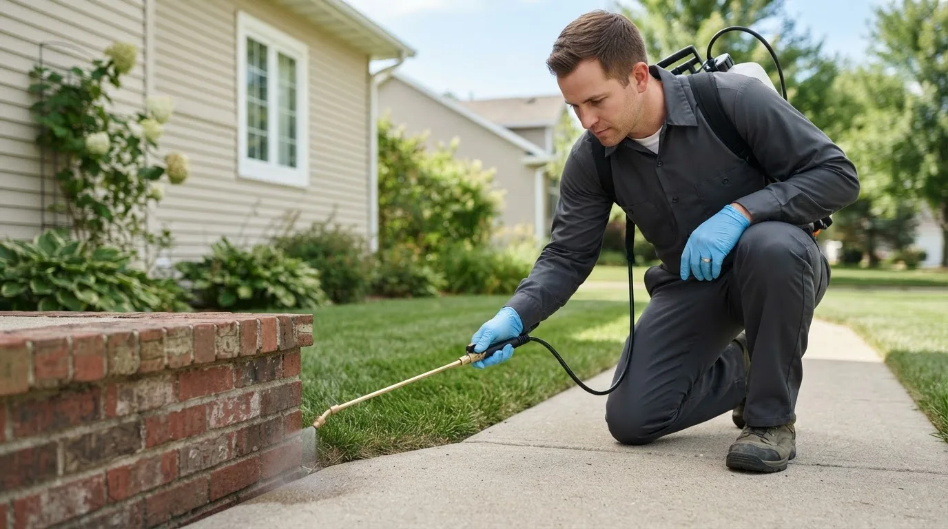 Pest control technician treating a home near Bruno, NE